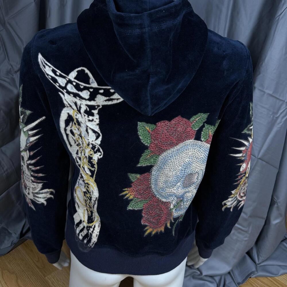 Ed Hardy Women's Black Velvour Zip-Up Hoodie with Tattoo Embroidery - Picture 3 of 9